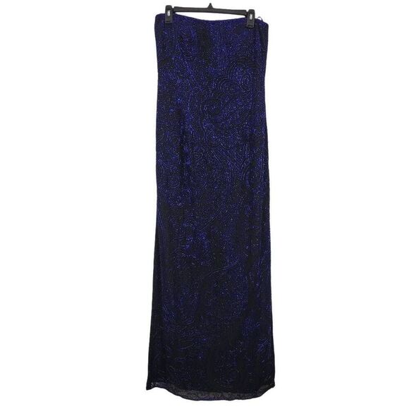 Vtg Cache 100% Silk Beaded Formal Maxi Dress Sz L Black Blue Straples Gown‎ Prom - Picture 1 of 7
